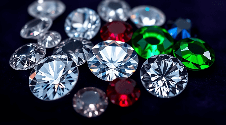 Kleurrijke variëteit van edelstenen, waaronder diamanten, smaragden en robijnen op een donkere achtergrond.