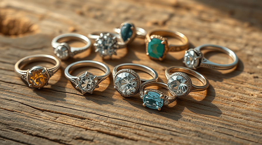 Collection of unique upcycled engagement rings featuring old gemstones on rustic wooden surface.