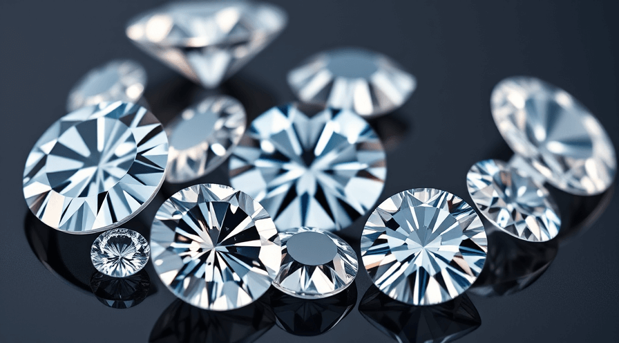 Various sparkling diamonds of different sizes and cuts arranged on a dark surface.