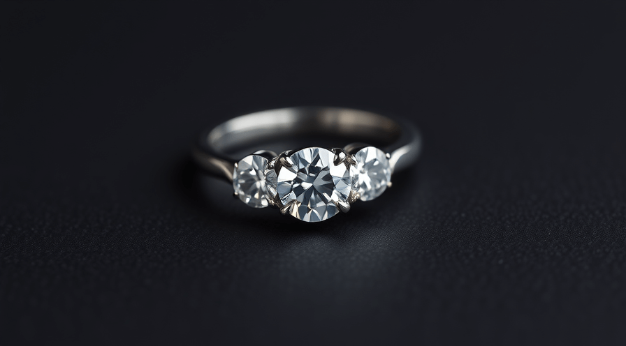 Close-up van een prachtige diamanten ring met drie stenen, symboliseert verleden, heden en toekomst.