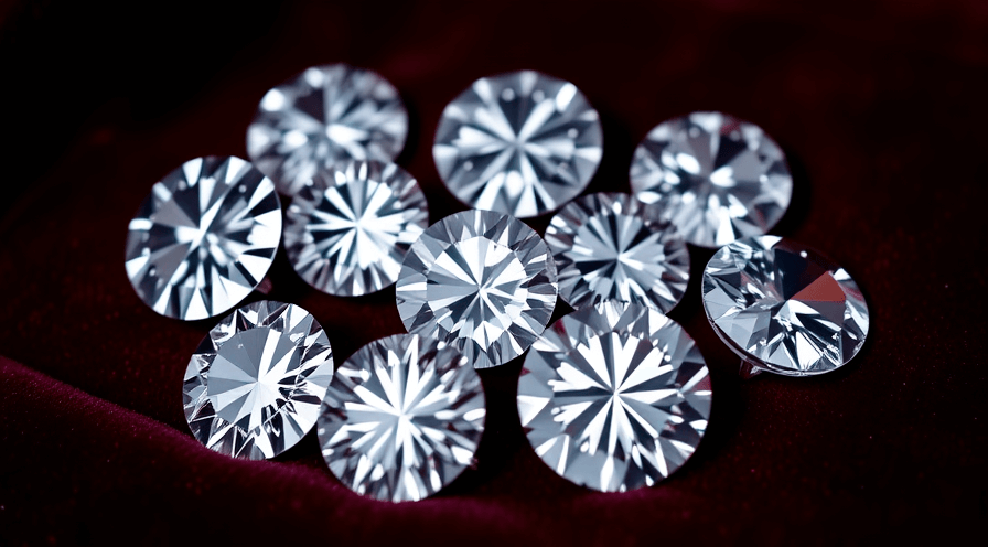 Een verzameling briljante diamanten met unieke bezuinigingen en hoge kwaliteit op een diep rood fluwelen achtergrond.