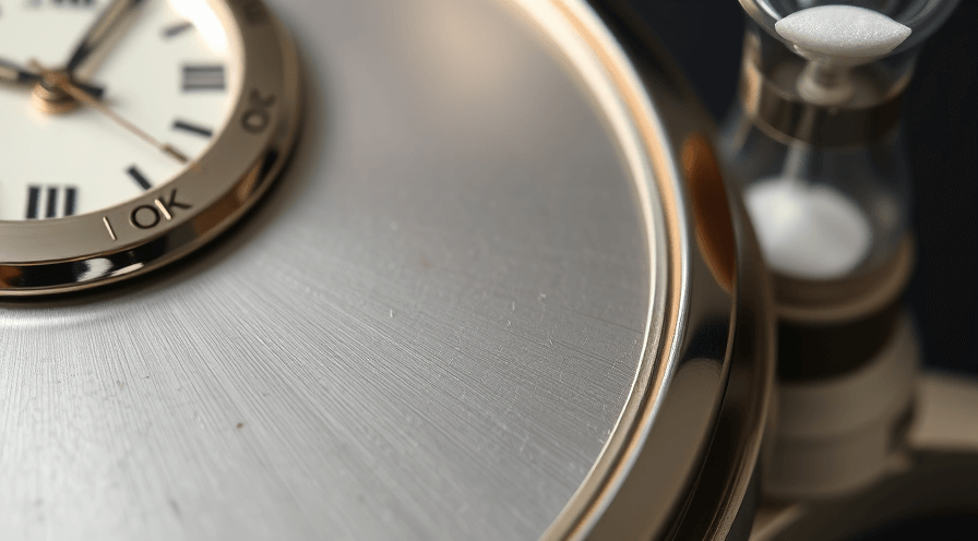 Close-up van een vintage horloge-gezicht met geborstelde metalen textuur en een zandloper-timer-functie.