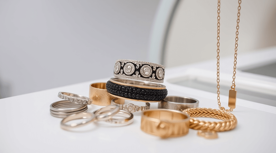 Verschillende soorten sieraden, waaronder ringen en kettingen op een display -oppervlak, met metalen items.