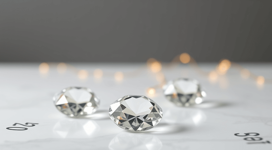 Drie sprankelende lab -diamanten op een marmeren oppervlak met wazige lichten op de achtergrond.