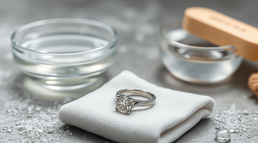 Diamantring op een zachte doek met kommen water om thuis te reinigen.