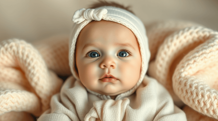 Schattige baby met blauwe ogen met een hoofdband, gewikkeld in een zachte, gebreide deken.