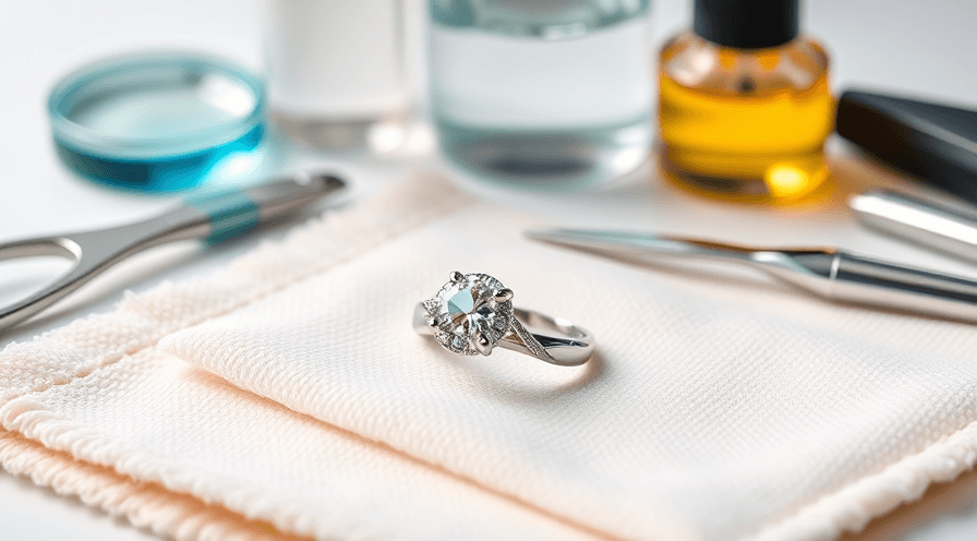 Engagement ring on a soft cloth surrounded by cleaning tools and solutions for maintenance.