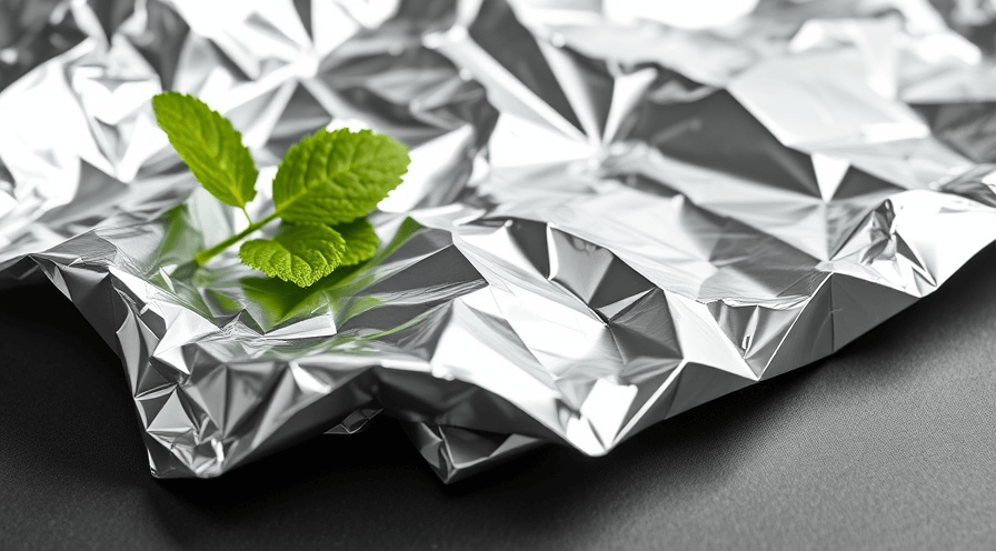 Aluminiumfolie verfrommeld met twee verse groene muntblaadjes bovenop, wat reinheid en frisheid benadrukt.