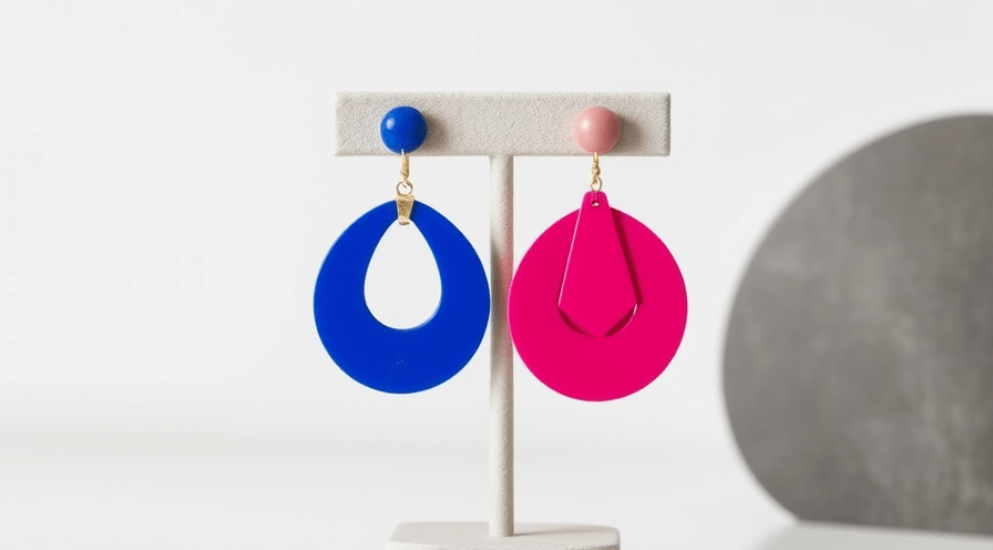 Kleurrijke niet -overeenkomende oorbellen met blauwe en roze ontwerpen die op een standaard worden weergegeven.