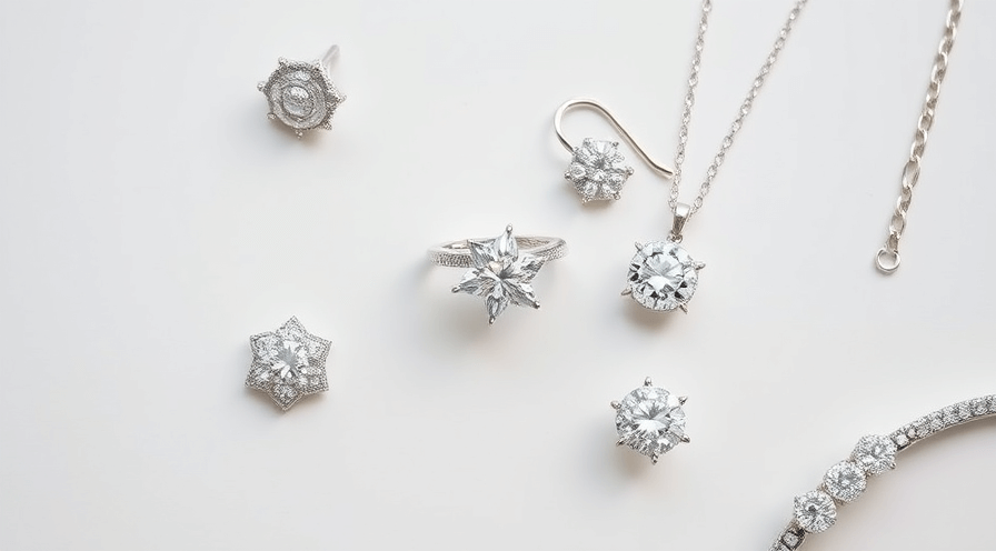 Elegante bruiloftsjuwelen inclusief ringen, oorbellen en een ketting weergegeven op een witte achtergrond.
