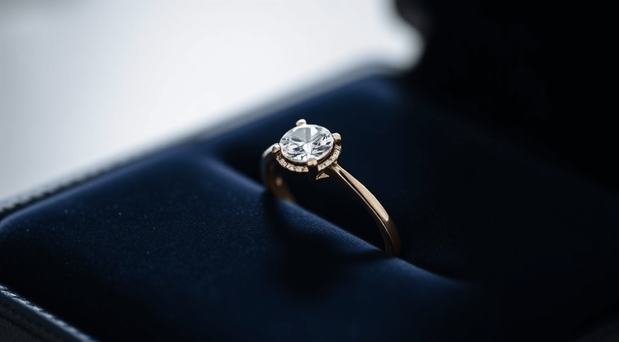 Elegant gold engagement ring with a round diamond resting in a plush blue velvet box.