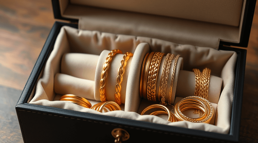 Gouden sieraden netjes opgeslagen in een sieradendoos om aantanden te voorkomen en glans te behouden.