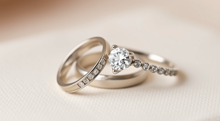 Elegante trouwringen en een verlovingsring met een sprankelende diamant die op zachte stof rusten.