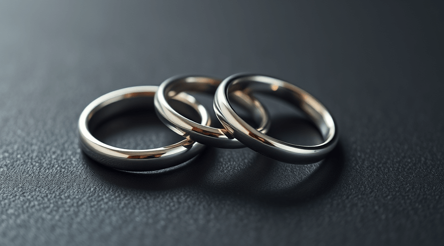 Drie gepolijste ringen met de glans van roestvrij staal en sterling zilveren sieraden op een donker getextureerd oppervlak.