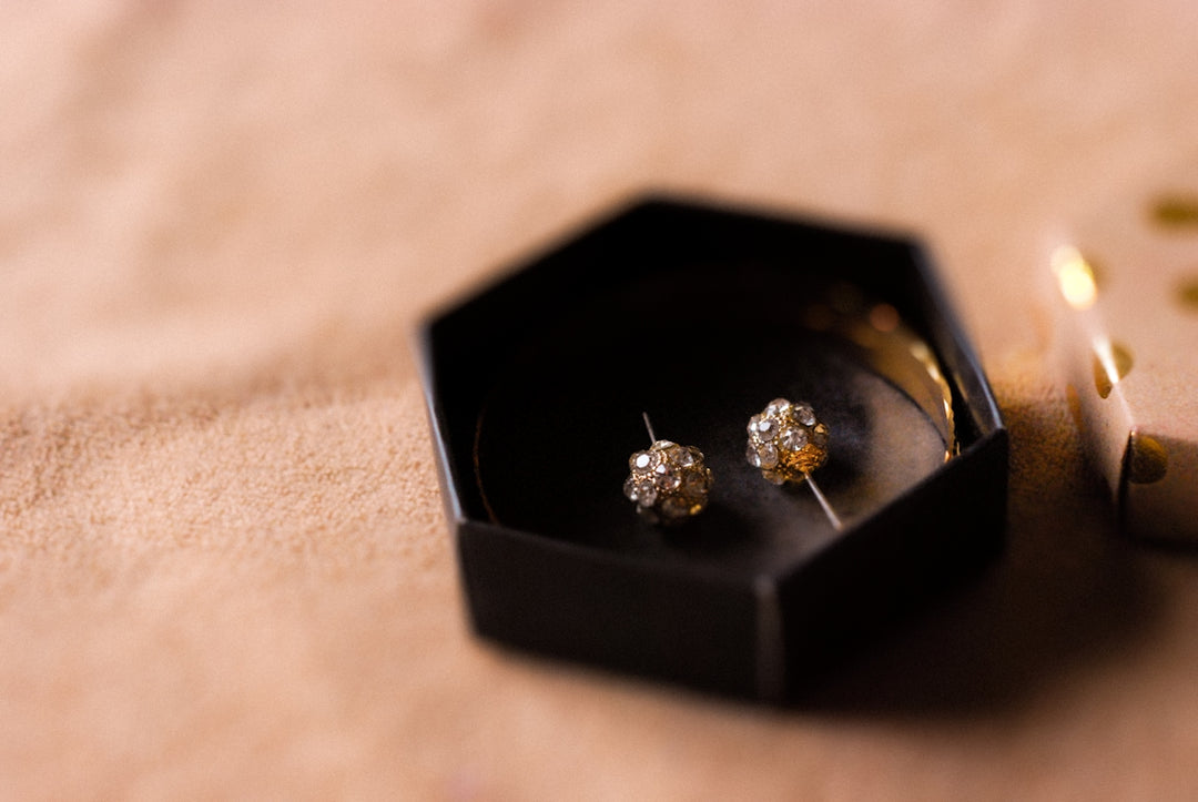 a close up of a pair of earrings in a box