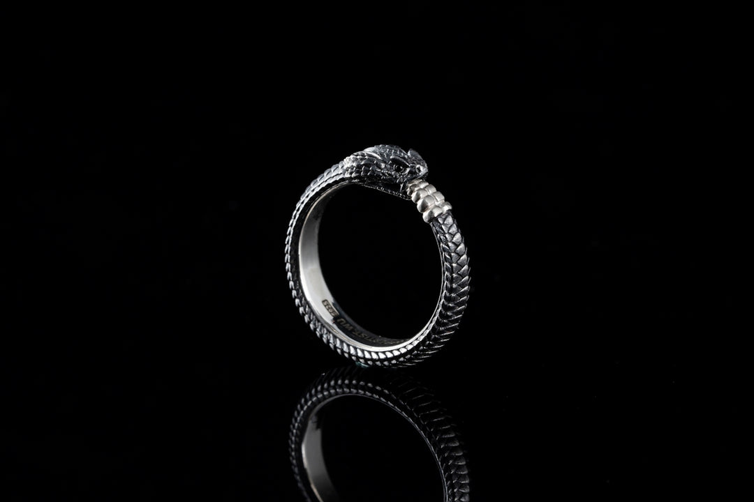 a silver ring with a snake head on it