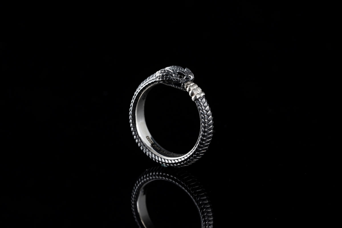 a silver ring with a snake head on it