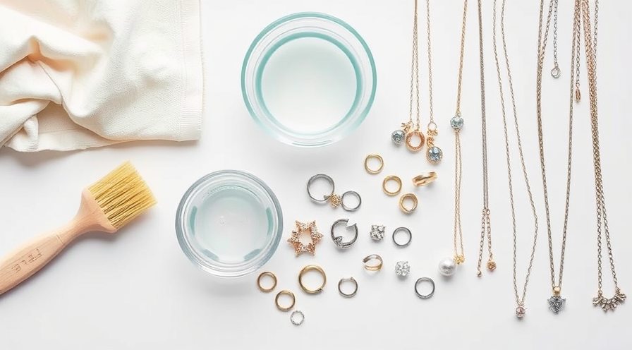 Tools and jewellery laid out for cleaning, including bowls, a brush, and various rings and necklaces.