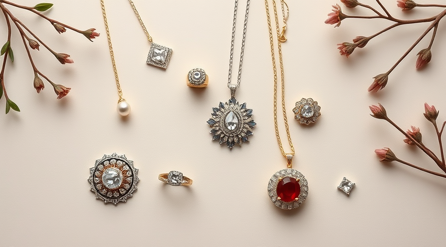 Verschillende elegante sieraden, waaronder kettingen, ringen en broches omgeven door delicate bloemen.