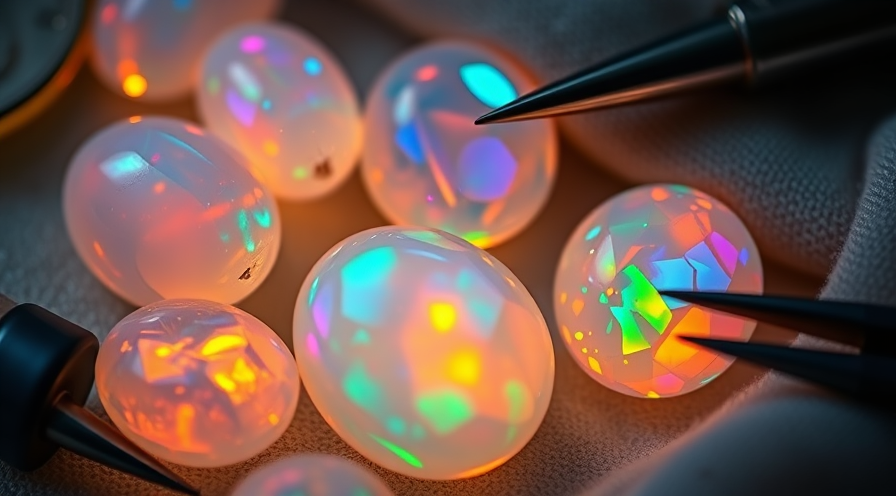 Kleurrijke opaal edelstenen weergegeven met reflectie, met hun levendige spel van kleuren en unieke vormen.