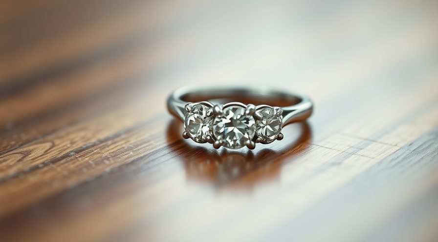 Elegante ring met drie stenen met sprankelende edelstenen op een houten achtergrond.