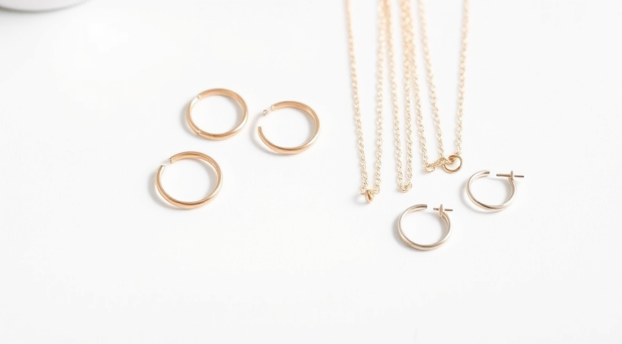 Minimalistische sieraden met gouden hoepel oorbellen en delicate kettingen op een witte achtergrond.