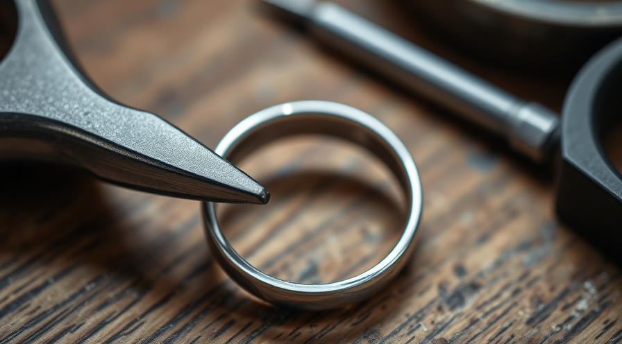 A silver ring on a wooden surface with jewelry tools nearby, illustrating safe ring loosening methods.