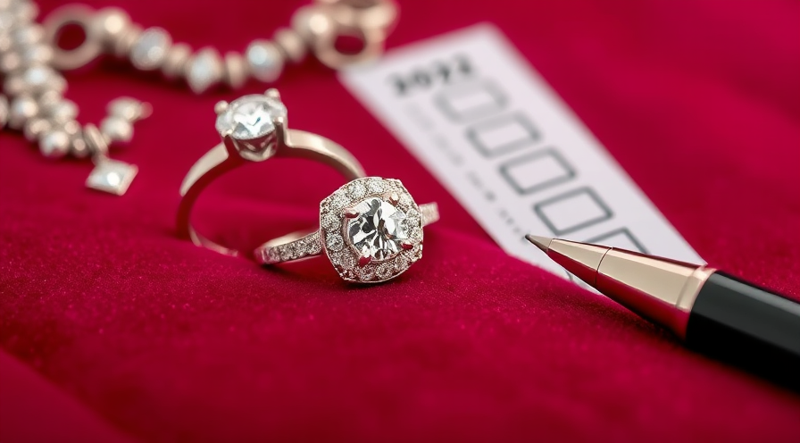 Close-up van een elegante verlovingsring op Velvet met een pen- en sieradenchecklist, die ringwinkelen symboliseert.