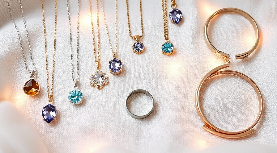 Verzameling van elegante kettingen en ringen met zinvolle sieraden voor het vieren van nieuw moederschap.