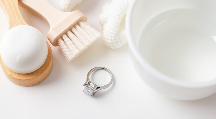 Reinigingsgereedschap en een diamanten ring klaar voor veilige woningreiniging met zeep en water.
