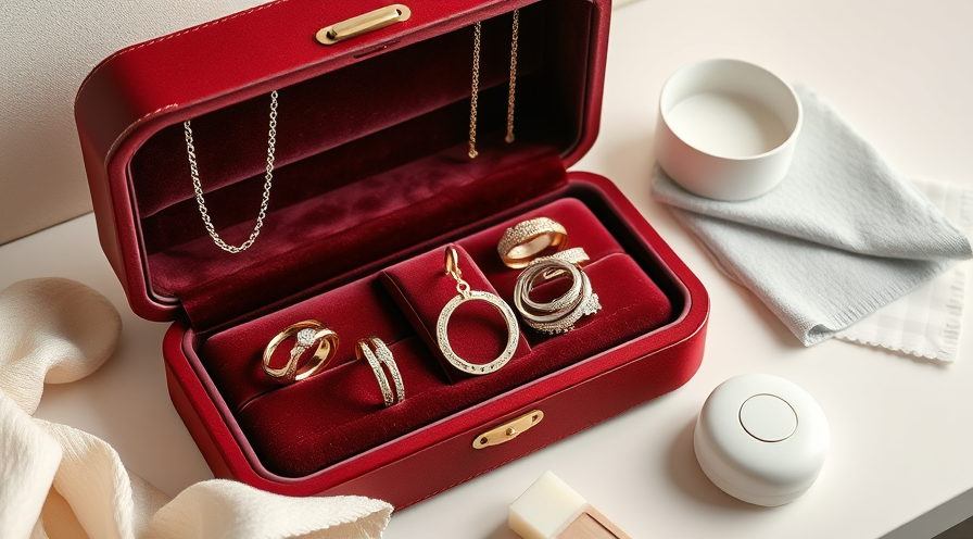 Elegant red jewellery box displaying various rings, necklaces, and earrings, showcasing effective jewellery storage.