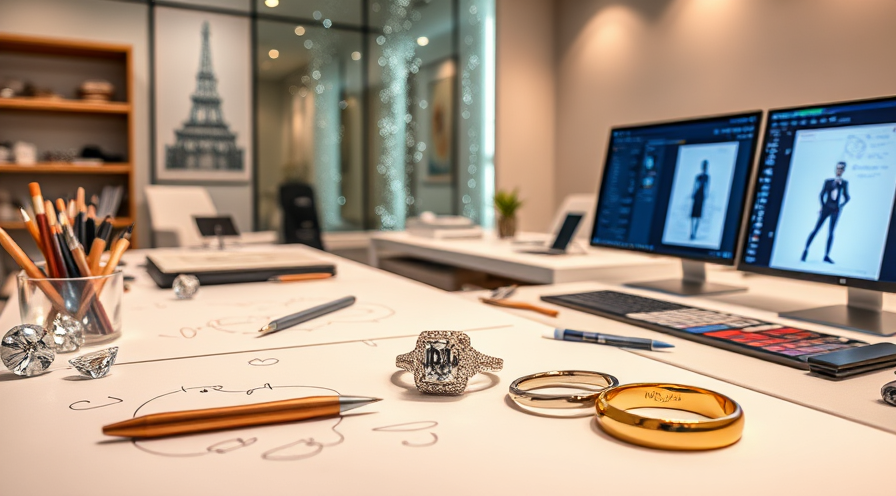 Custom engagement rings design workspace with sketches, rings, and monitors in a stylish office setting.