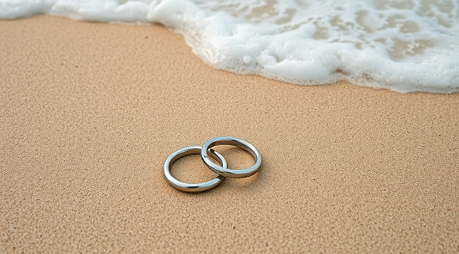 Twee ringen rusten op Sandy Beach in de buurt van oceaangolven en benadrukken sieradenveiligheid in zeewater.