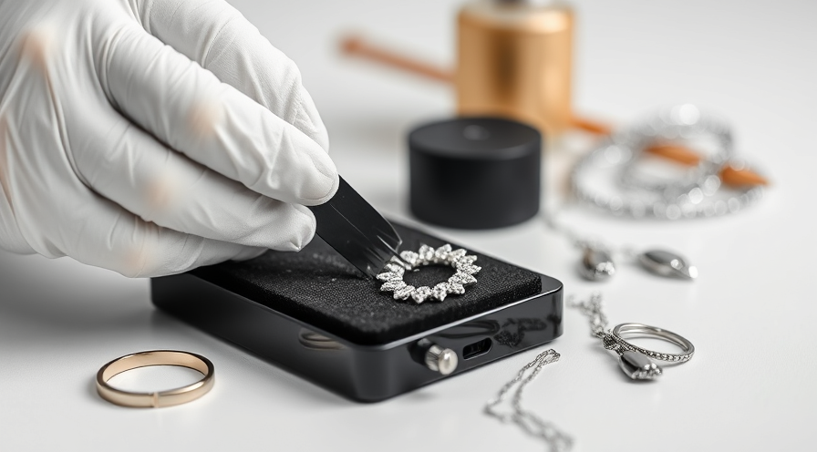 Jewellery cleaning process, featuring a gloved hand carefully handling a decorative piece with tools.