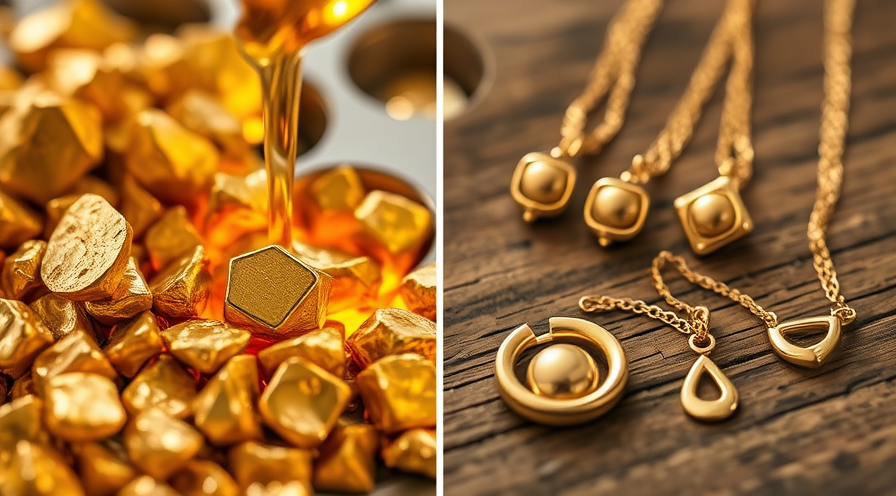Close-up of recycled gold being melted and elegant gold jewelry pieces on a wooden surface.