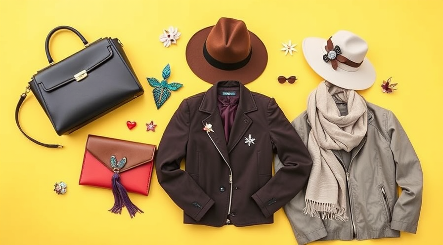 Stylish Outfit -Arrangement mit Hüten, Jacken, Broschen und Accessoires auf einem lebendigen gelben Hintergrund.