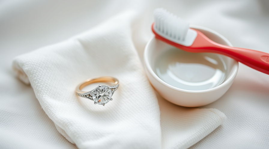Diamantring op een doek met een kleine kom reinigingsoplossing en tandenborstel voor thuiszorg.