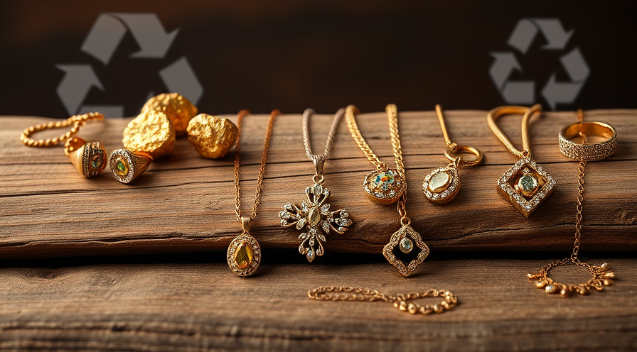 Verzameling van gerecyclede gouden sieraden op houten oppervlak met duurzaamheidspictogrammen.