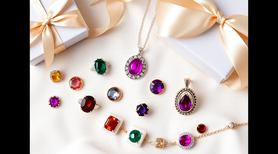 Kleurrijke geboortesteen sieraden inclusief ringen, kettingen en oorbellen op een cadeau-ingepakte achtergrond.