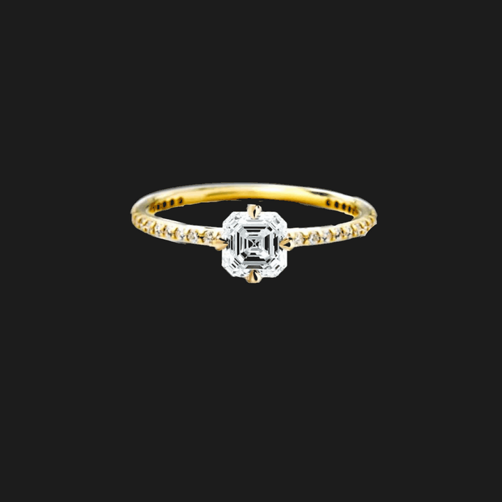 Asscher Pavé Diamond Engagement Prsten 18K žuti zlatni Asscher