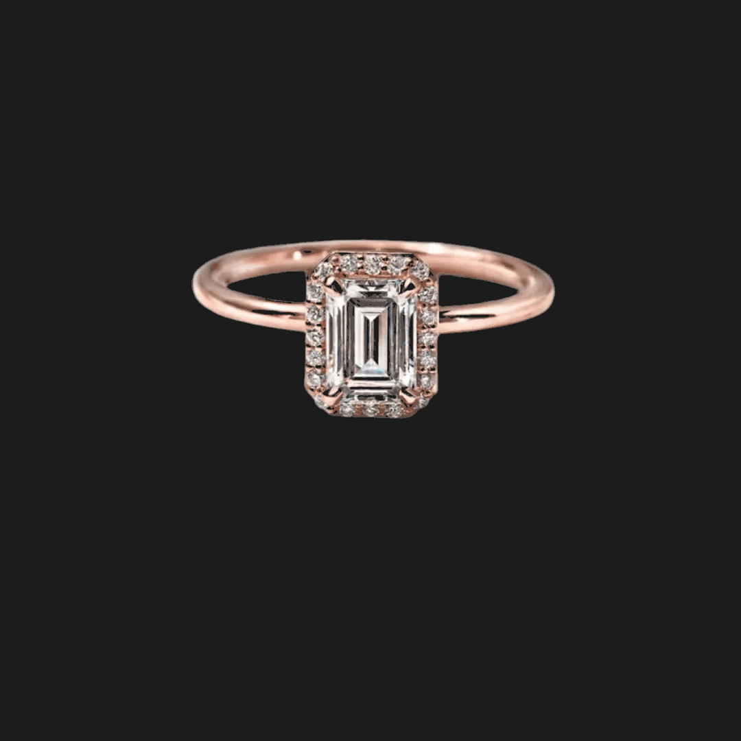 Radiant Halo Diamond Engagement Ring 18K Rose Gold Emerald