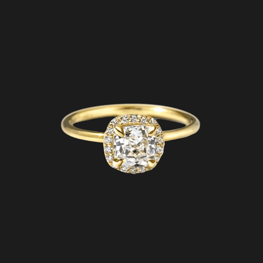 Anello di Fidanzamento con Diamante Cushion Halo in Oro Giallo 18K