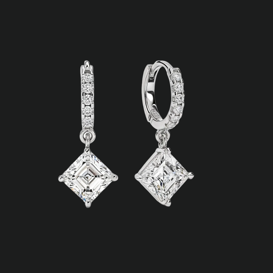 Asscher Cut Diamond Huggie Hoop Drop Earrings - 9kt White Gold with Lab-Grown Diamond
