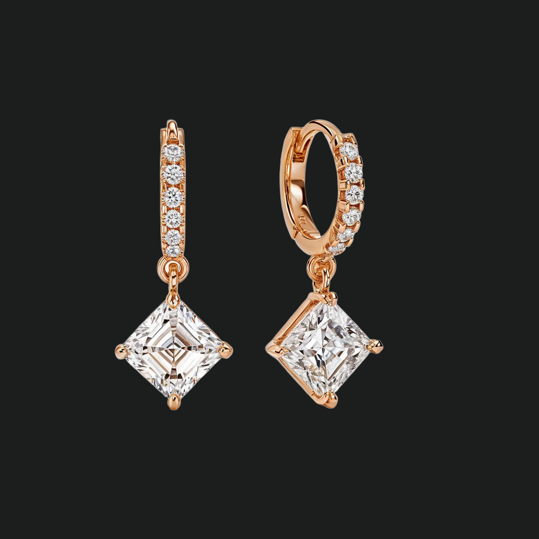 Asscher Cut Diamond Huggie Hoop Drop Earrings