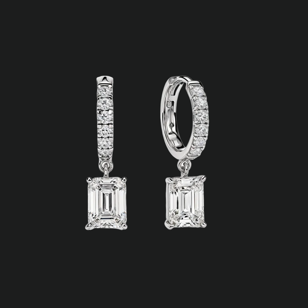 Emerald Cut Diamond Drop Huggie Hoop Earrings - 9kt White Gold with Lab-Grown Diamond
