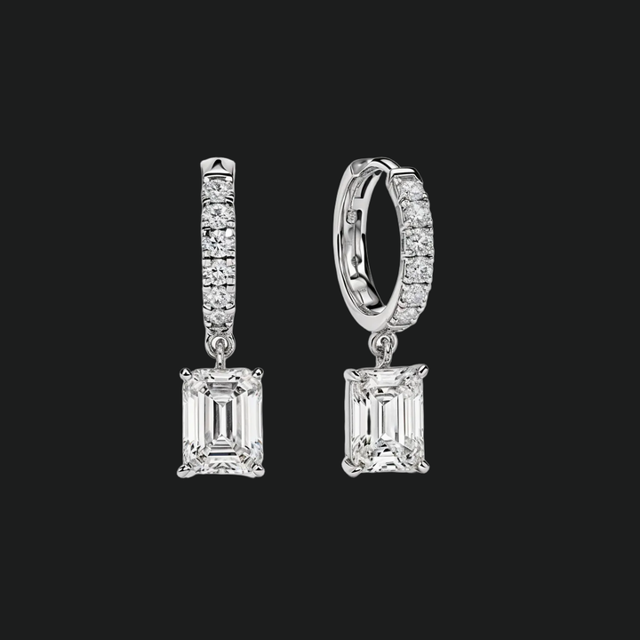 Emerald Cut Diamond Drop Huggie Hoop Earrings - 9kt White Gold with Lab-Grown Diamond