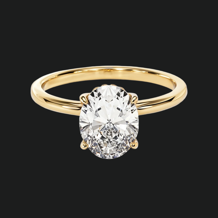 Verborgen halo ovaal gesneden verlovingsring met diamantaccenten in 9kt witgoud