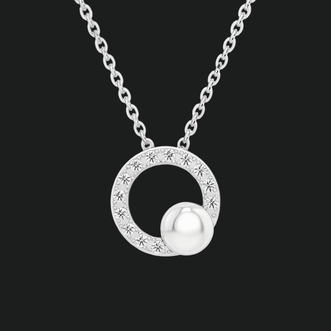 Circle Diamond and Pearl Pendant Necklace - 9kt White Gold with Lab-Grown Diamond
