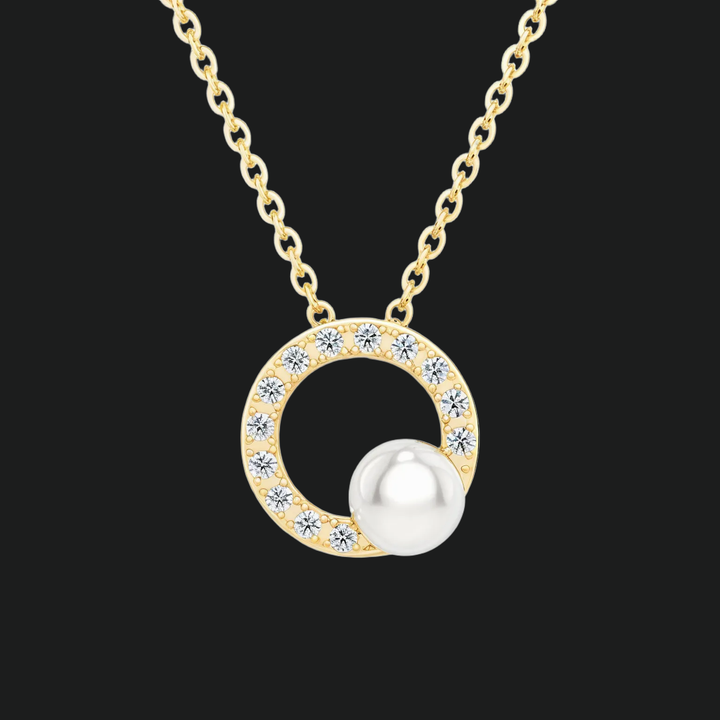 Circle Diamond and Pearl Pendant Necklace