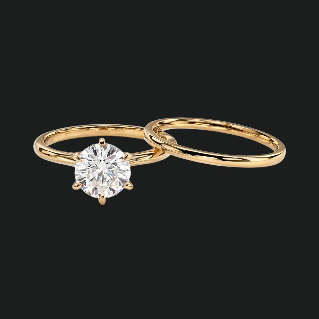 Six-Prong Round Cut Solitaire Engagement Ring with Dome Wedding Band in 9kt White Gold
